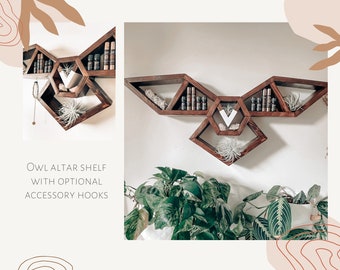 Owl wood altar shelf with optional accessory hooks
