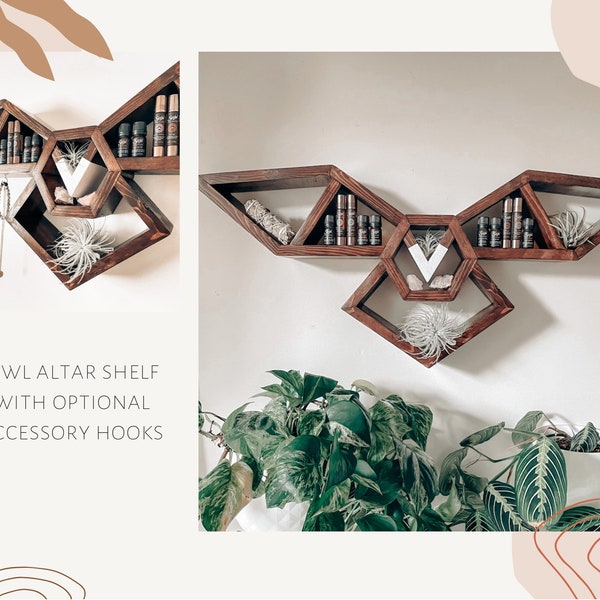 Owl wood altar shelf with optional accessory hooks