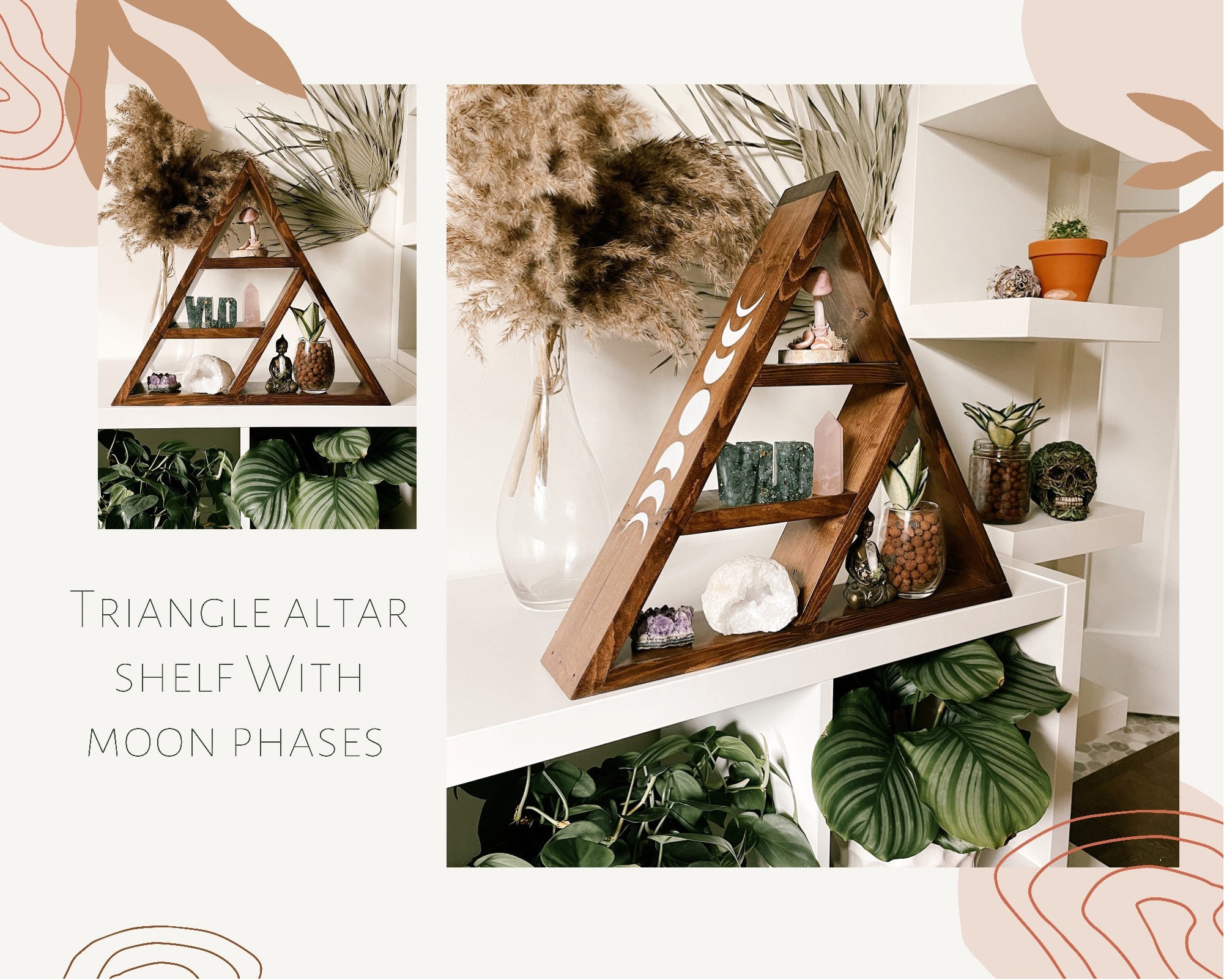 30/39cm Black Moon Wall Shelves 4-tier Wood Floating Wall  Dark Brown Triangle Moon Wall Shelf - Home Wall Decor main image 2
