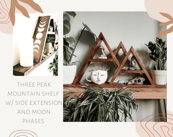 Extended base three peak mountain altar shelf with moon phases