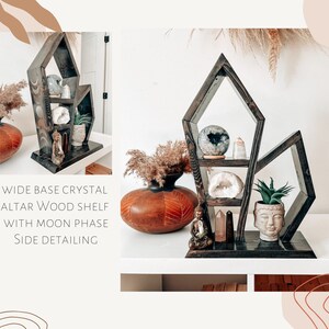 Wide base crystal altar wood shelf with side moon phase detailing