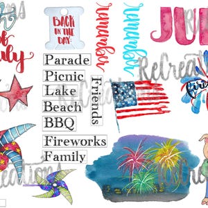 以下が含まれることがあります： 愛国的なテーマの水彩イラスト。 「4th of July」、「July」、「Fireworks」、「Back in the Day」の文字が含まれています。 アメリカ国旗、星、風車、帽子をかぶった豚も特徴です。