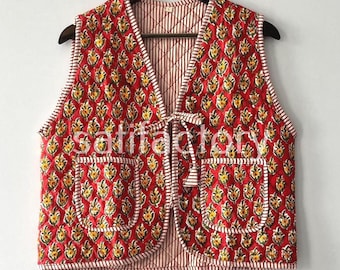 Floral Patchwork Quilted Vest, Bohemian Cotton Kantha Jacket