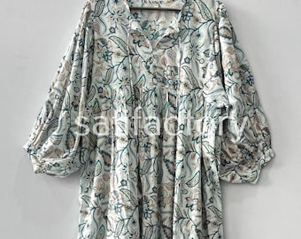 Floral Block Print Cotton Gauze Dress, Kyra Midi, Handmade India