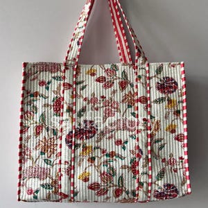 Quilted Cotton Handprinted Reversible Multicolor Tote Bag Eco friendly Sustainable Sturdy Grocery Shopping weekend bag
