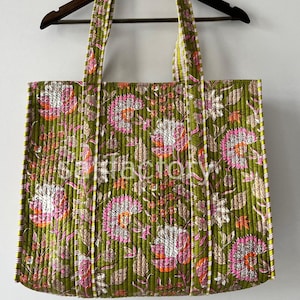 Handmade Cotton Quilted Tote Bag Green And Pink Floral Printed Hand Bag With Inside Pockets Grocery Shopping Bag For Her