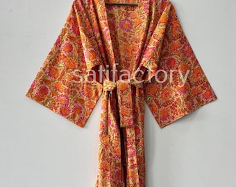 Cotton Floral Kimono Robe, Indian Print Dressing Gown