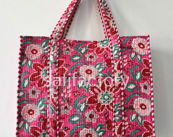 Handmade Quilted Cotton Tote Bag, Floral Print Shoulder Purse