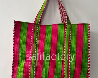 Handmade Pink and Green Striped Quilted Tote Bag – Large Cotton Shoulder Bag