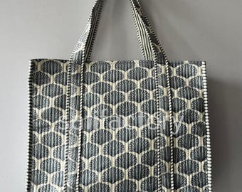 Grey Shell Print Quilted Tote Bag – Handmade Cotton Beach Bag – Block Print Shoulder Bag – Eco-Friendly Market Tote