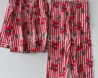 Handmade Red Cherry Pajama Set | Striped Cotton Loungewear with Pouch
