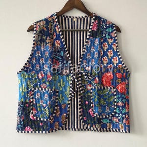 Cotton Quilted Vest Women Wear Front Open Kimono Stripe piping Handmade Vintage Quilted Vest, Patchwork Vest Jacket, Boho. Double side wear