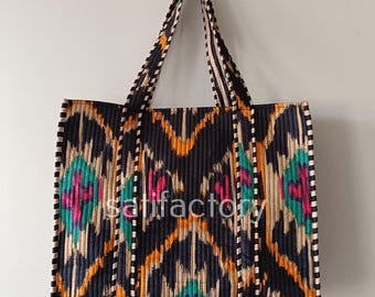 Ikat Quilted Cotton Tote Bag: Hand Block Print, Indian Shoulder Bag