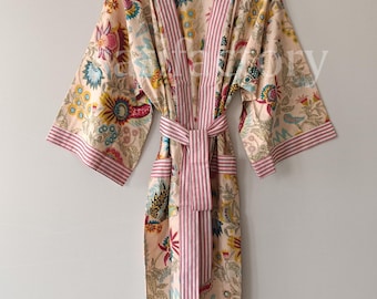 Floral Cotton Kimono Robe, Indian Block Print Loungewear, Cotton Cardigan Dress