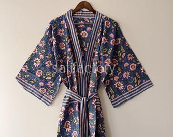 Handmade Cotton Floral Kimono Robe, Boho Loungewear