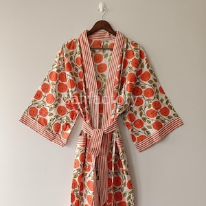 Floral Cotton Kimono Robe, Indian Block Print Loungewear