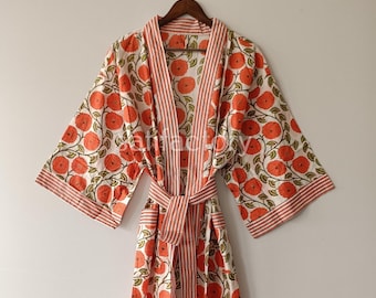 Kimono in cotone floreale, abbigliamento da casa con stampa a blocchi indiani