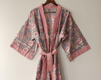 Handmade Floral Cotton Kimono Robe | Block Print Boho Loungewear