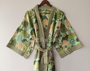 Floral Cotton Kimono Robe, Block Print Dressing Gown