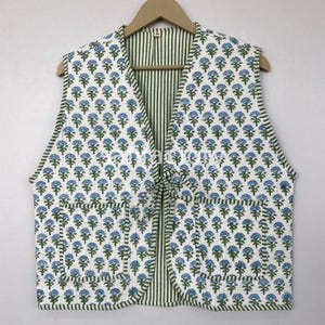 Hand Block Print Quilted Cotton Vest | Reversible Boho Jacket | Indie Sleeveless Waistcoat | Indian Printed Jacket for Women