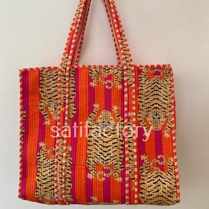 Jaipuri Tiger Orange Print Einkaufstasche Indische Baumwolle gesteppte Einkaufstasche Einkaufstasche Handtasche Schulter Markt Täglicher Gebrauch Tragetasche