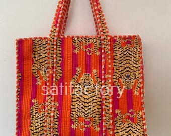 Jaipuri Tiger Orange Print Tote Bag Indian Cotton Quilted Tote Bag Shopping Carry Bag Hand Bag Shoulder Market Daily Use Tote Bag