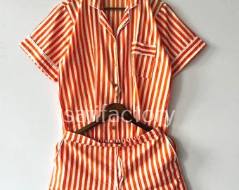 Orange Striped Cotton Pajama Set - Women's Summer Sleepwear