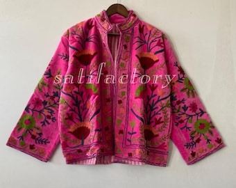 Pink Bohemian Hand-Embroidered Velvet Jacket – Folk Floral Handmade Coat – Cozy Vintage-Inspired Wear Coat