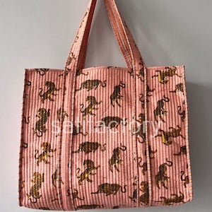 Tiger Print Tote Gesteppte Baumwolltasche Frauen Einkaufstasche Ethnic Baho Hippie Schulter Markt Täglicher Gebrauch Tragetasche