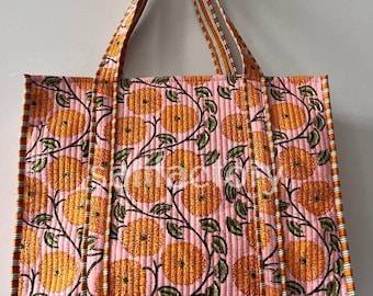 Handmade Floral Block Print Quilted Tote | Indian Cotton Shoulder Bag