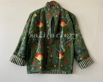 Green Velvet Suzani Embroidered Jacket, Boho Open Front Coat, Handmade Colorful Outerwear