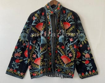 Black Velvet Suzani Embroidered Jacket – Handmade Indian Floral Coat – Bohemian Style Jacket