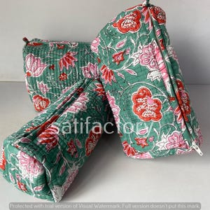 Set di 3 borse per il trucco verdi - Grande, Media, Piccola - Borsa da toilette, Borsa da bagno da donna, Borsa per il trucco trapuntata, Pochette con stampa a mano, Set da viaggio