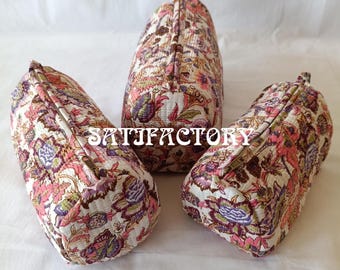 Hand Block Printed Quilted Toiletry Bag Set, Floral Cotton Travel Pouches