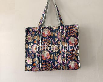 Blue Floral Block Print Tote Bag Boho Quilted Cotton Bag Shopping Bag, Boho Hippie Jola Market Bag