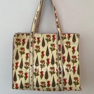 Handmade Quilted Cotton Tote Bag | Floral Block Print Shoulder Bag | Eco-Friendly Indian Fabric Purse | Boho Shopper Bag