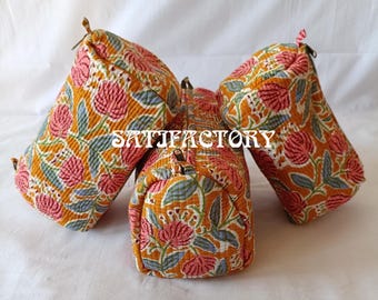 Set of 3 Quilted Cosmetic Pouches | Handmade Block Print Bags | Gift for Bridesmaids