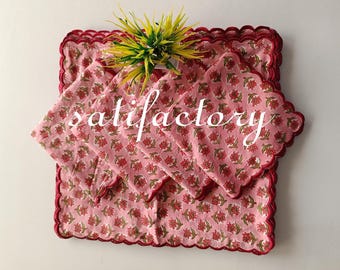 Block Printed Cotton Napkins (Set of 4) – Pink Green Floral, Scalloped Edge