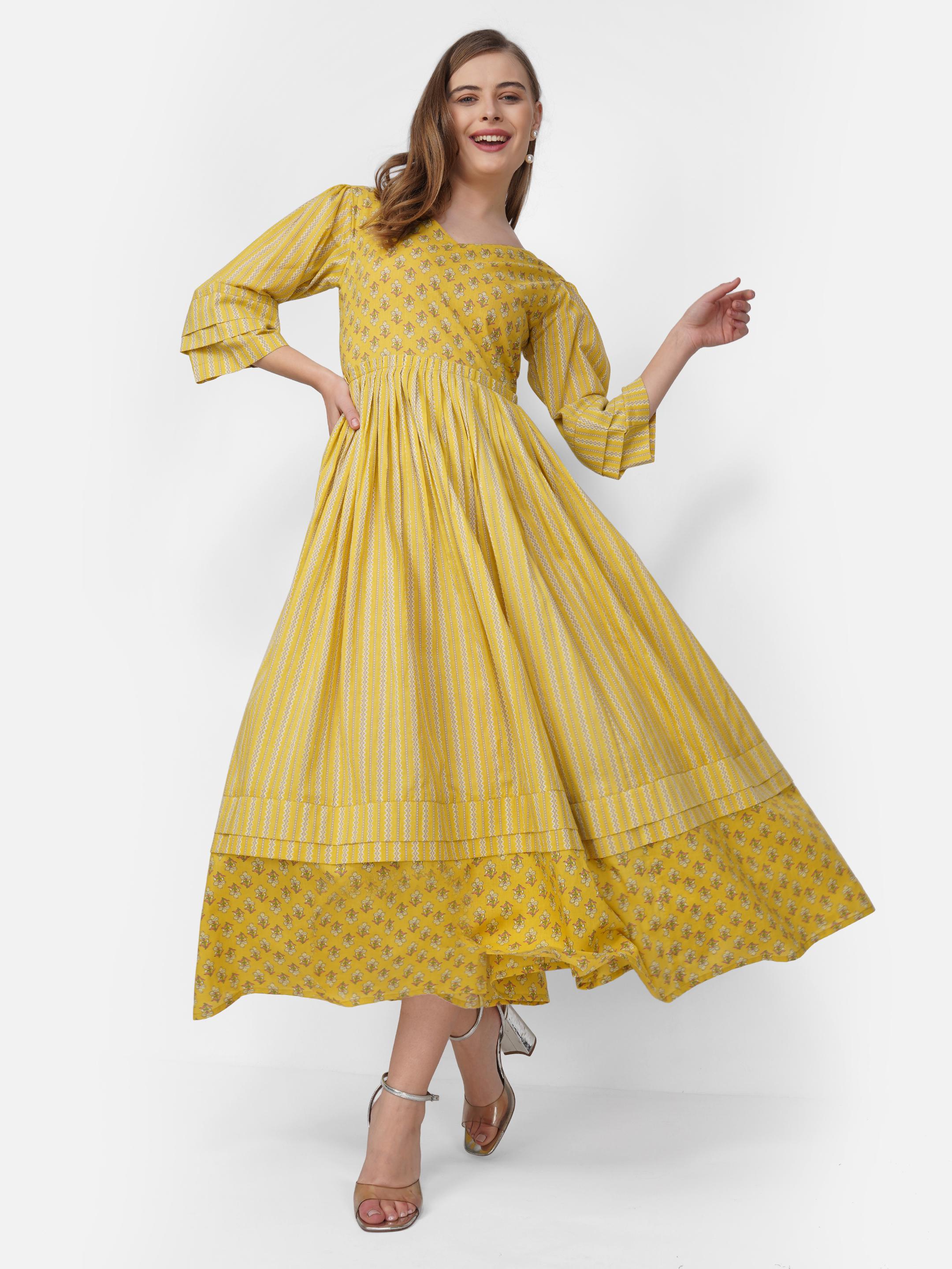 Midi Dress Yellow Casual Dresses Sati Factory Yellow Floral Print Cotton  Maxi Dress, 3/4 Bell Sleeves, Empire Waist, Striped Pattern