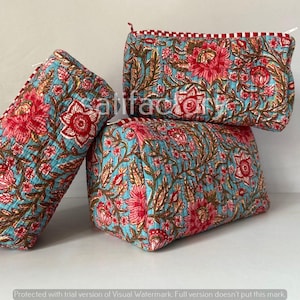 Ensemble 3 pièces de trousse de maquillage en coton matelassé pour femme, trousse de toilette faite main, trousse de toilette
