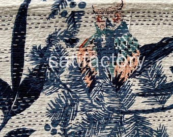 Handmade Owl Print Kantha Quilt: Indian Vintage Cotton Throw Blanket
