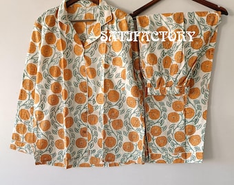 Indian PJ Set,100% Cotton Block Print Pajama Set, Night Wear, Bridesmaid Pajama Set, Women's pajamas Set Cotton Pants Shirt Sets