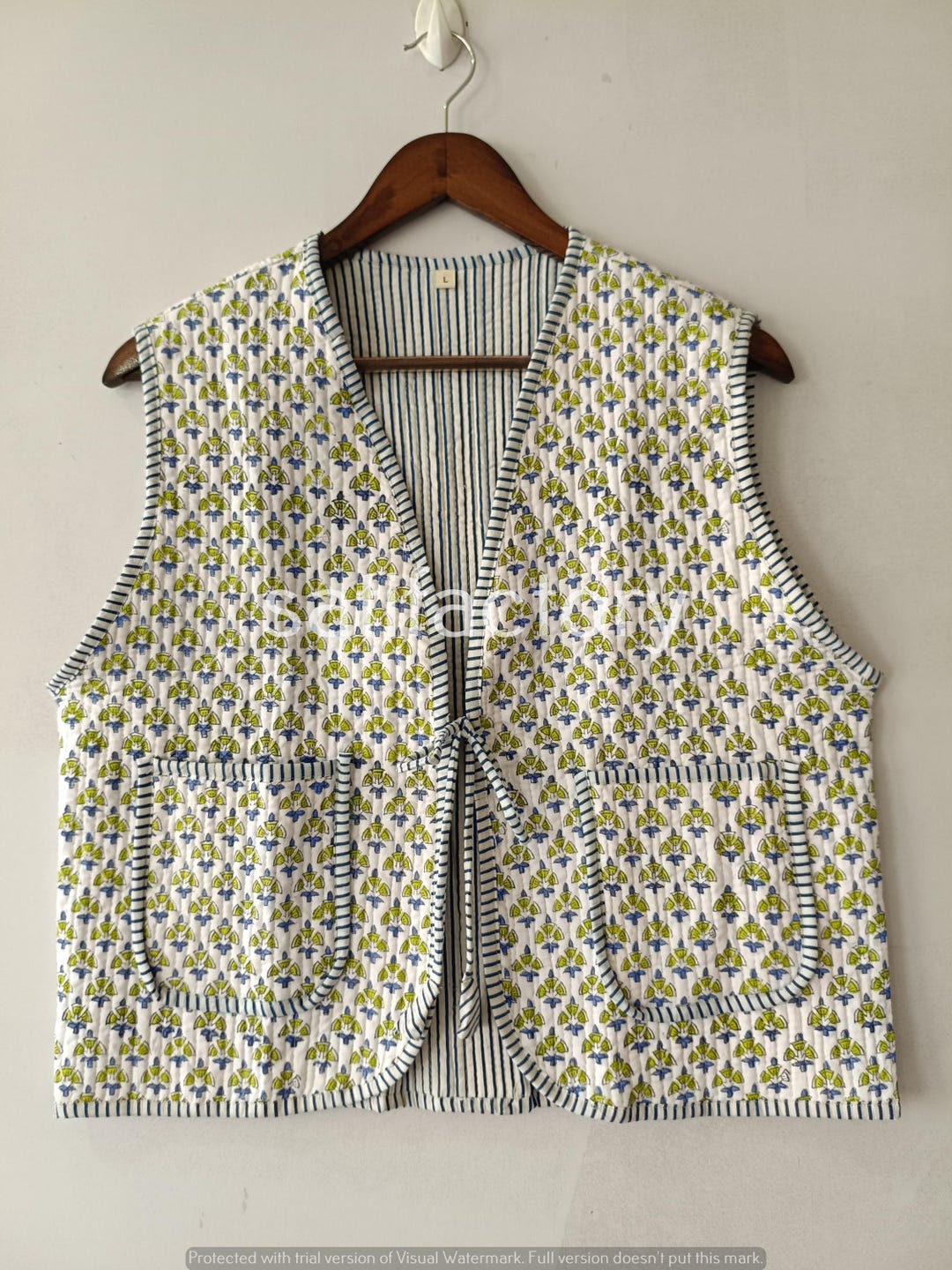Handmade Cotton Quilted Vest, Floral Block Print Reversible Boho Jacket ...