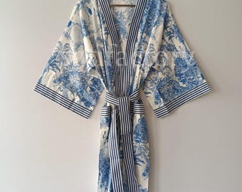 Cotton Kimono Robes Dressing Gown, Block Print Bridesmaid, Summer Nightwear, One Size