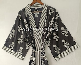 Block Print Cotton Kimono Robe, Floral Bridesmaid Dressing Gown, Summer Nightwear