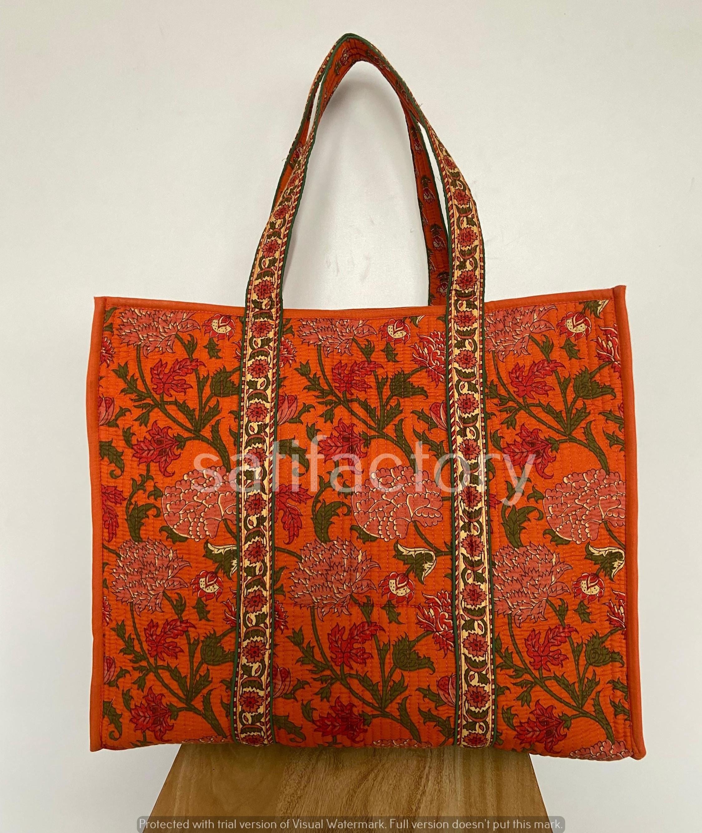 Handcrafted Orange Floral Tote Bag – Traditional Indian Block Print – Indian Quilted Making Tote Bag – Block Printed Bag