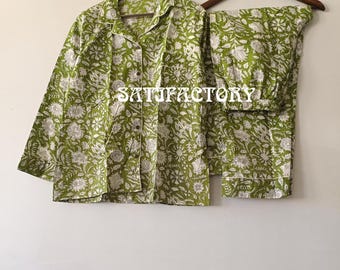 Green Floral Hand Block Print Cotton Pajama Set for Women | Soft Breathable Nightwear | Handmade Lounge Sleepwear