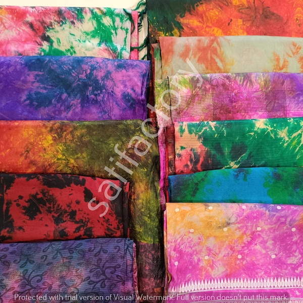 20 szt. zabytkowych sari z 100% czystego jedwabiu, ręcznie barwionych metodą tie-dye, w kolorze brudnego, wielokolorowego nadruku