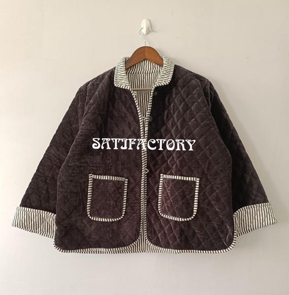 Handmade Indian Cotton Velvet Quilted Jacket: Reversible Bohemian Coat