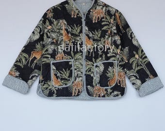 Handgemachte gesteppte Boho-Jacke aus Baumwolle mit Tiermotiv